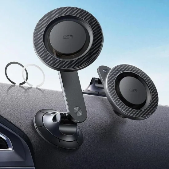 Esr Mini Dashboard Phone Mount (Magsafe) Black Carbon Fiber With Magnetic Rings